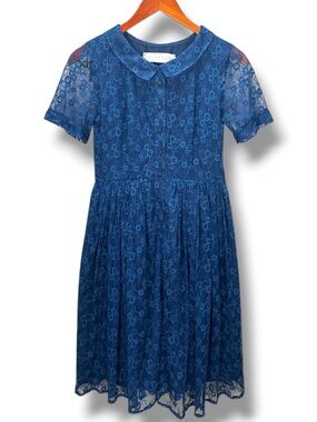 Anthropologie Korovilas Immanuela Blue Lace Mesh Button Front Dress Size 0